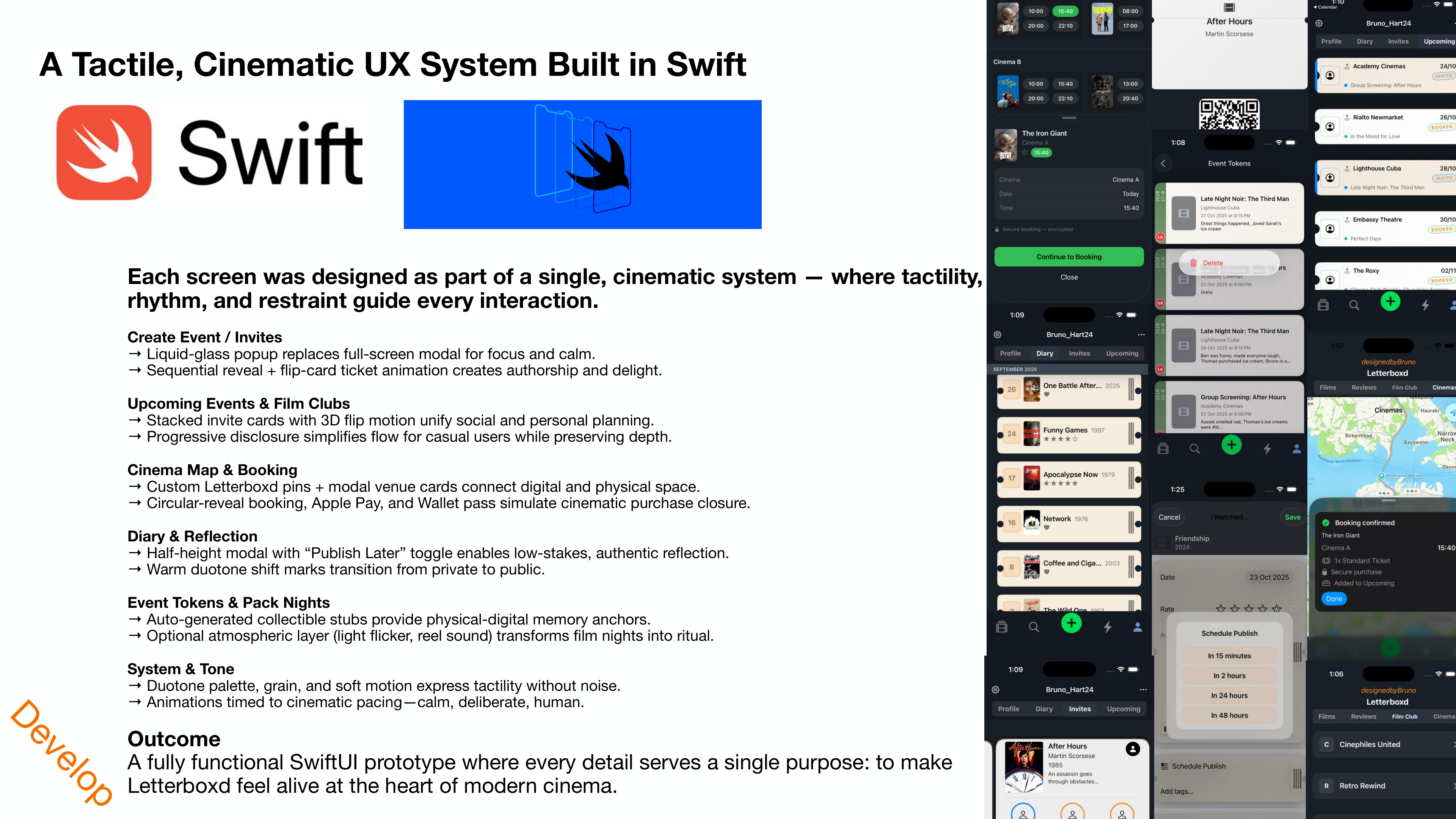A Tactile, Cinematic UX System Built in Swift — feature overview with screens