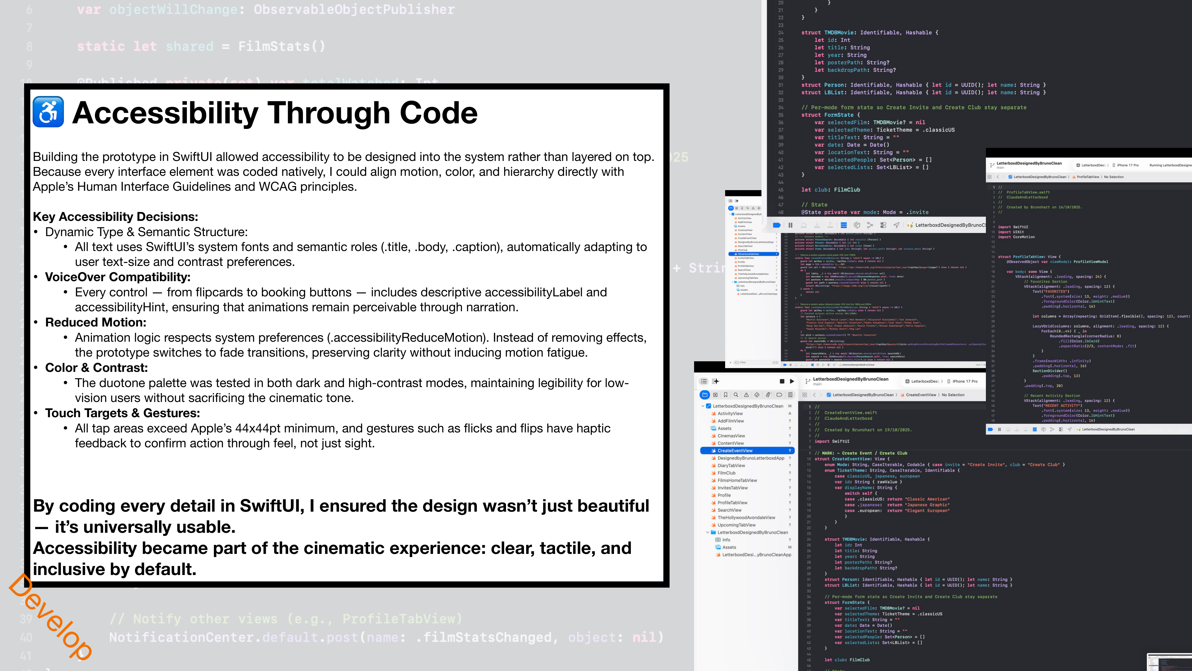 Accessibility Through Code — VoiceOver, reduced motion, touch targets, colour contrast