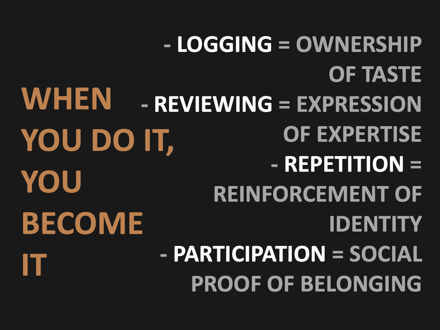 When you do it, you become it — logging, reviewing, repetition, participation mapped to identity formation