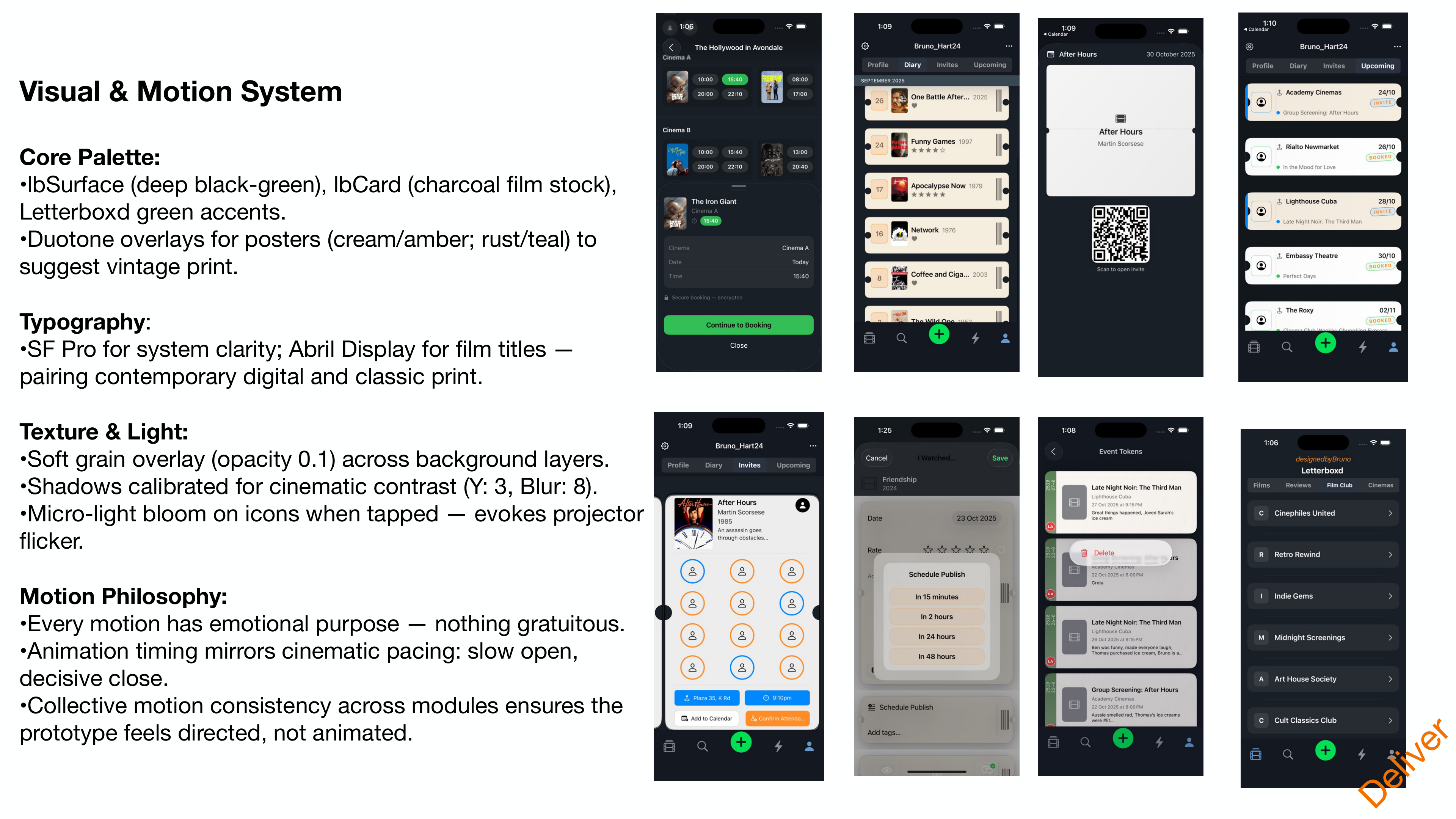Visual & Motion System — core palette, typography, texture, motion philosophy