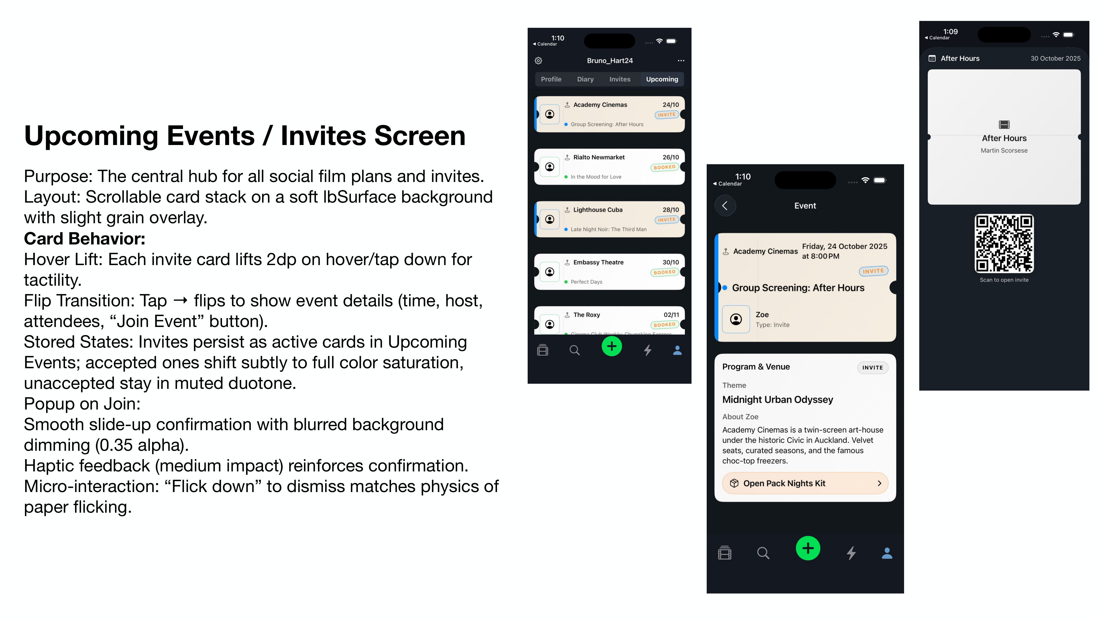 Upcoming Events / Invites Screen — scrollable card stack with haptic feedback