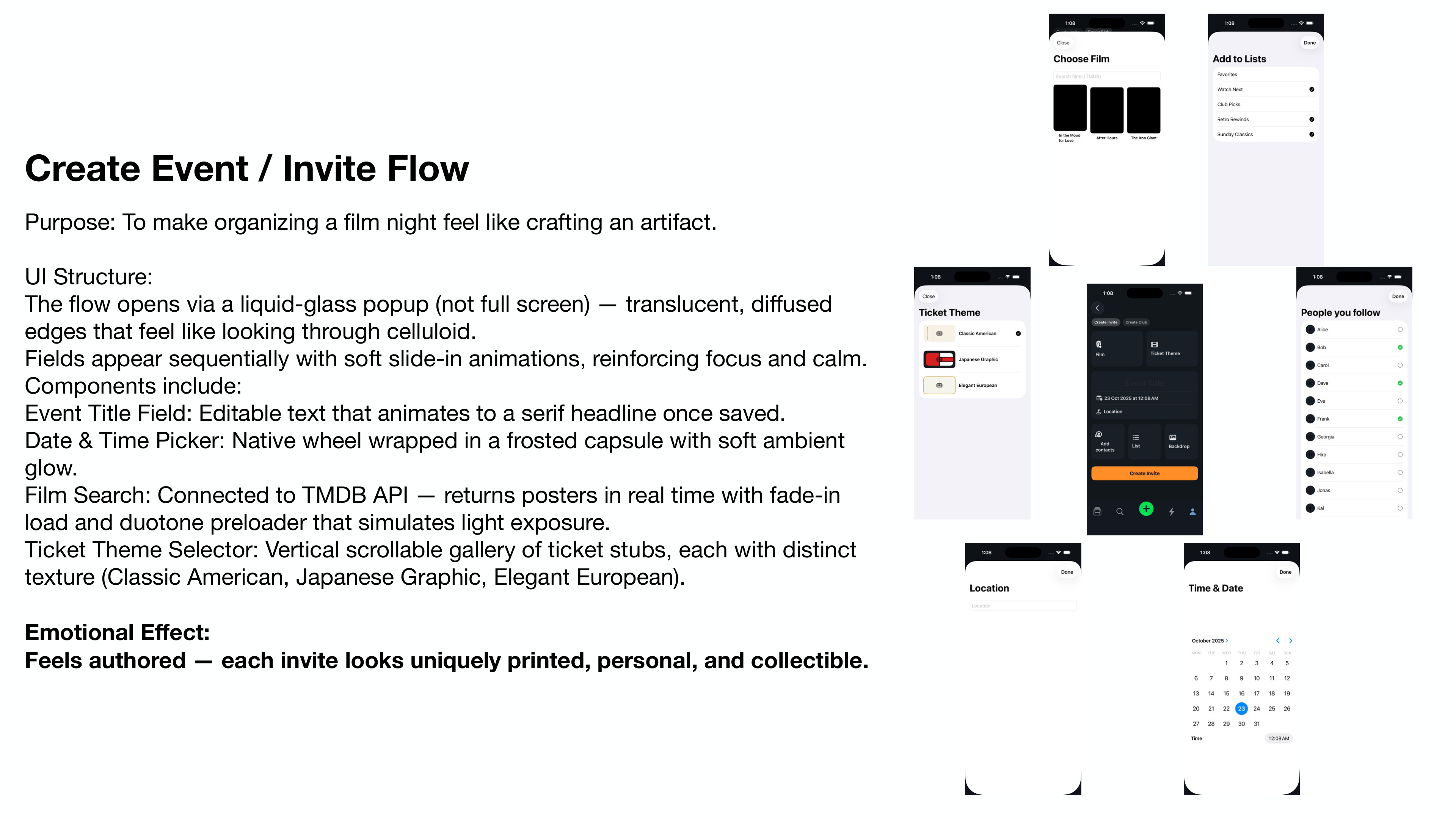Create Event / Invite Flow — crafting an artifact through liquid-glass popup