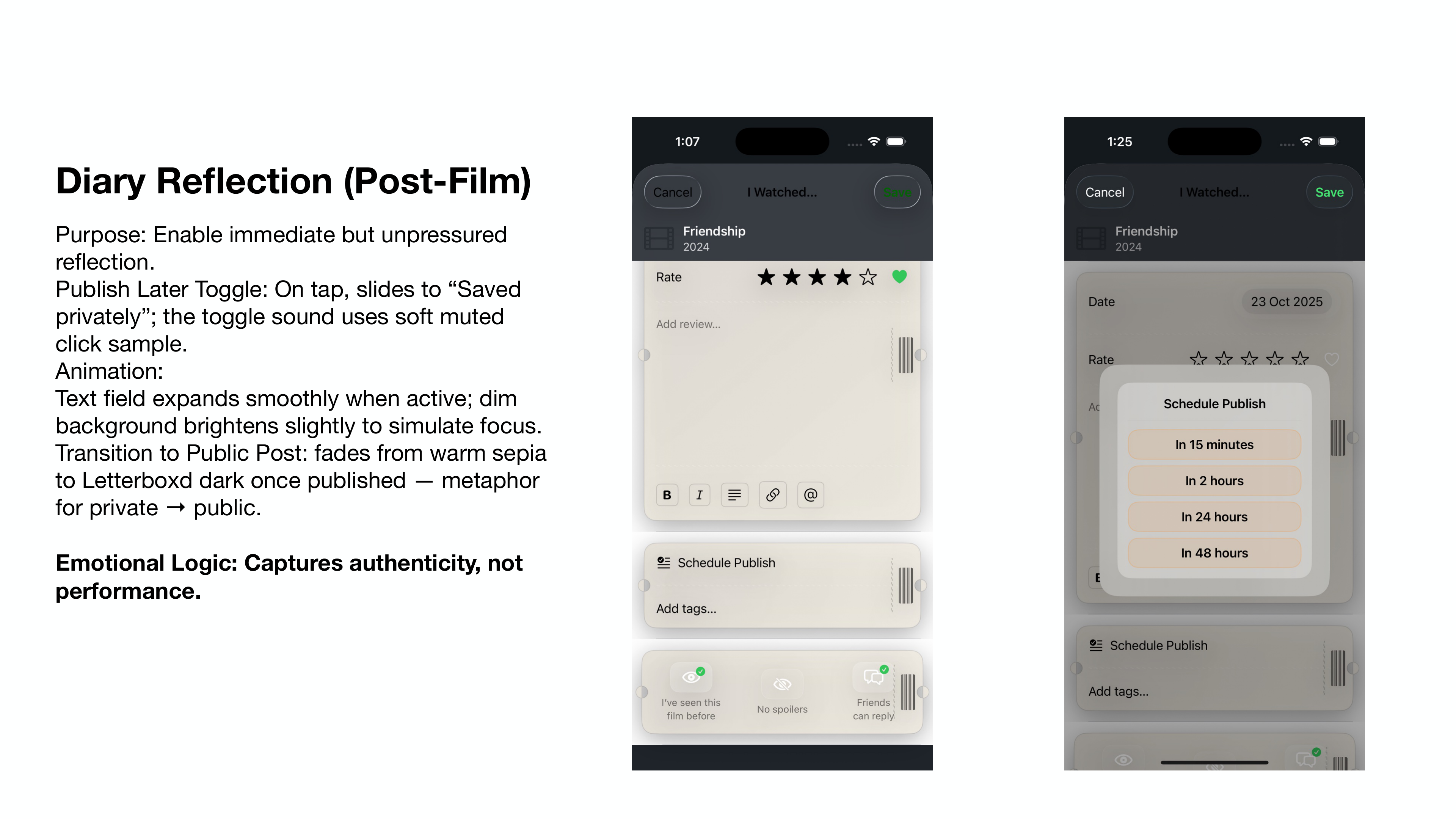 Diary Reflection — post-film reflection with publish scheduling and warm-to-dark transition